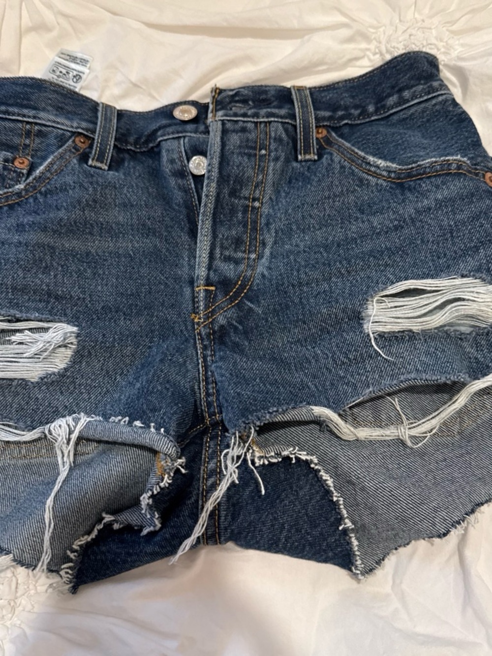 Levi's Dark Blue Distressed High-Rise Denim Shorts